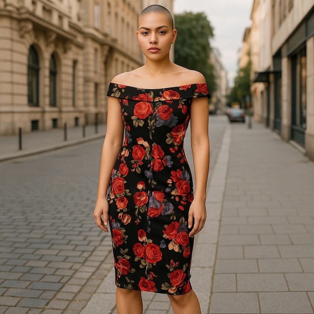 Premier Red and Black Off-Shoulder Sheath Dress
